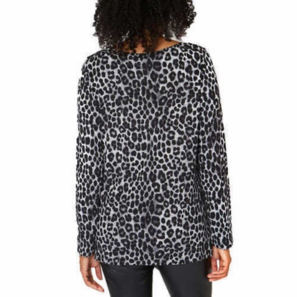 Mario Serrani Crew Neck Long Sleeve Tunic Top Gray Leopard Print Large - Picture 8 of 8
